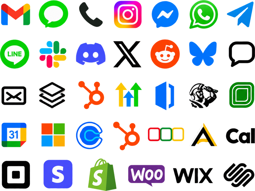 The platforms an agent works: Gmail, SMS, phone, Instagram, Messenger, WhatsApp, Telegram, LINE, Slack, Discord, X, Reddit, Bluesky, website chat, HubSpot, GoHighLevel, Google Calendar, Microsoft 365, Calendly, Stripe, Shopify, WooCommerce and more.