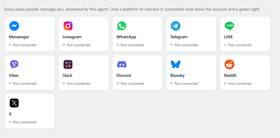 The agent's Social tab: Messenger, Instagram, WhatsApp, Telegram, LINE, Viber, Slack, Discord, Bluesky, Reddit and X as a grid of platform cards, each connected with your own app credentials.