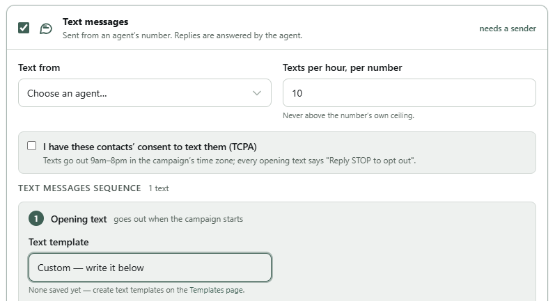The text messages card in the campaign builder: which agent's number sends, texts per hour per number, a TCPA consent tick with the 9am to 8pm sending window and the Reply STOP line, and the opening text of the sequence.